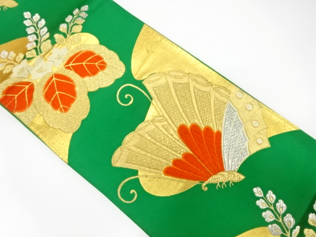 JAPANESE KIMONO / ANTIQUE FUKURO OBI / SILK / WOVEN BUTTERFLY & PAULOWNIA